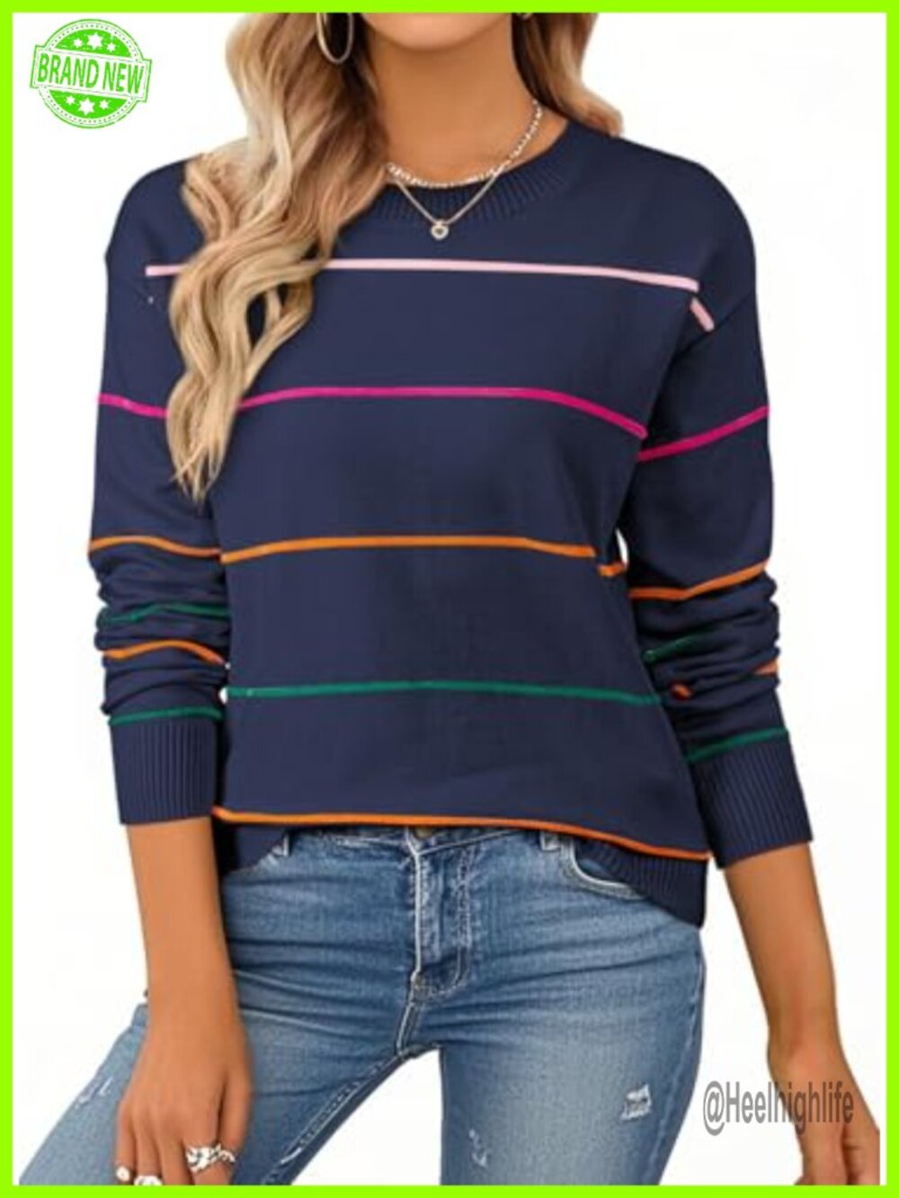 Striped Crew Neck Long Sleeve Knit Pullover Sweater